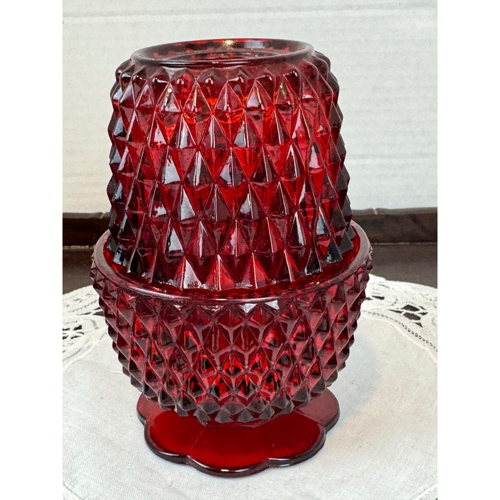 Vintage Indiana Glass Ruby Red Fairy Lamp Diamond Point Two Piece Candle Holder - Picture 3 of 10